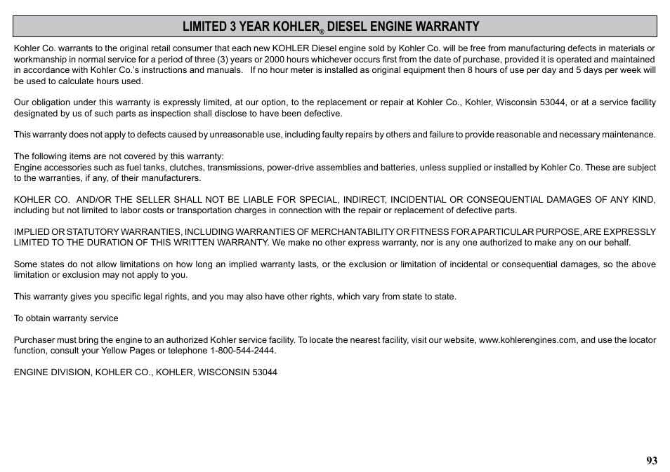 Limited 3 year kohler, Diesel engine warranty | Kohler KD477-2 User Manual | Page 93 / 120