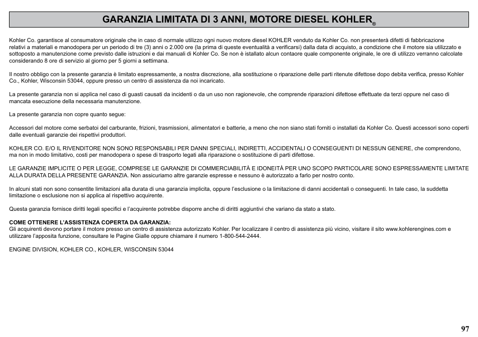 Garanzia limitata di 3 anni, motore diesel kohler | Kohler KD477-2 User Manual | Page 97 / 120