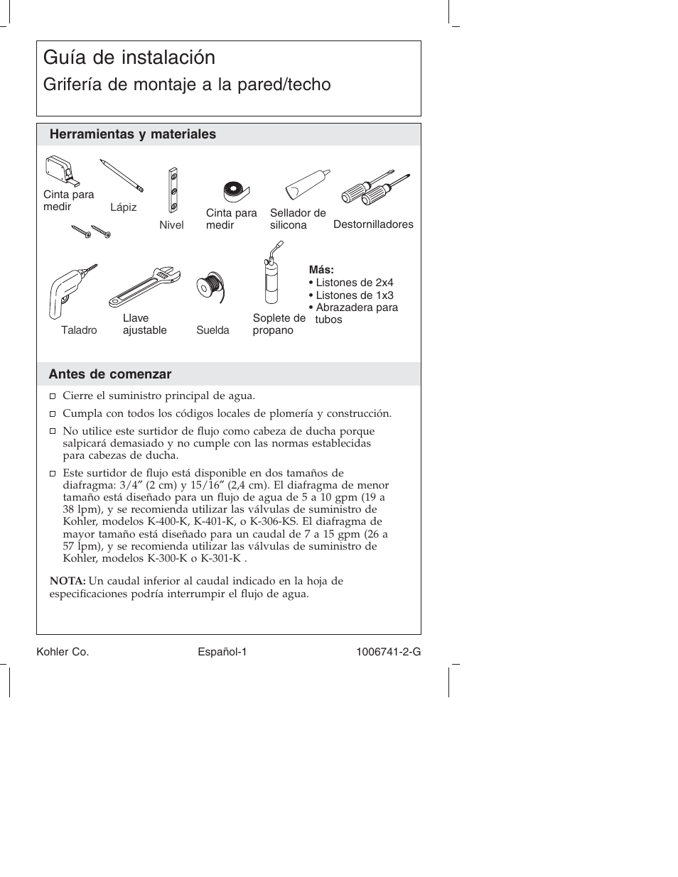Guía de instalación, Grifería de montaje a la pared/techo | Kohler Wall/Ceiling Mount Faucet K-922/K-923 User Manual | Page 24 / 36