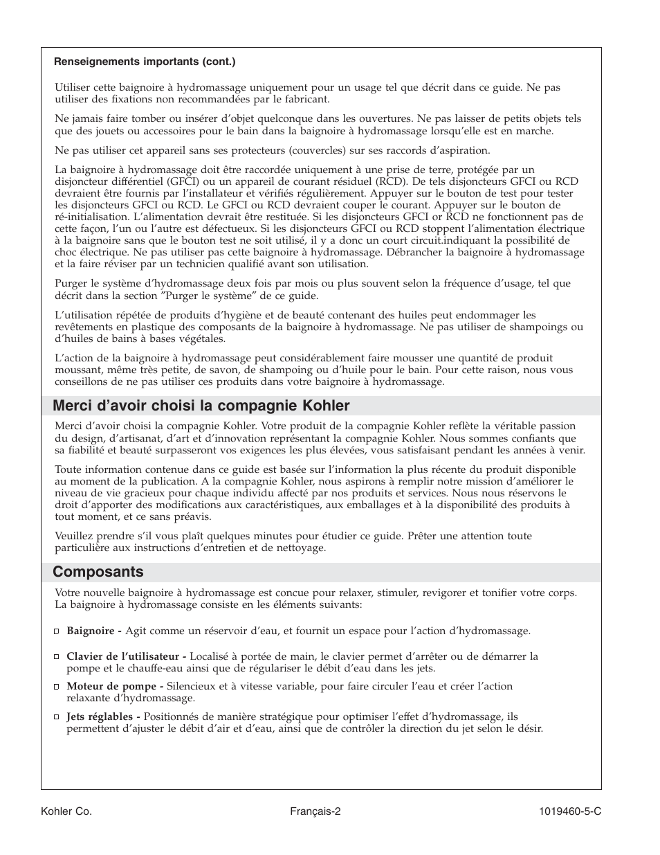 Merci d’avoir choisi la compagnie kohler, Composants | Kohler Bath Whirlpool K-812-H2 User Manual | Page 17 / 48