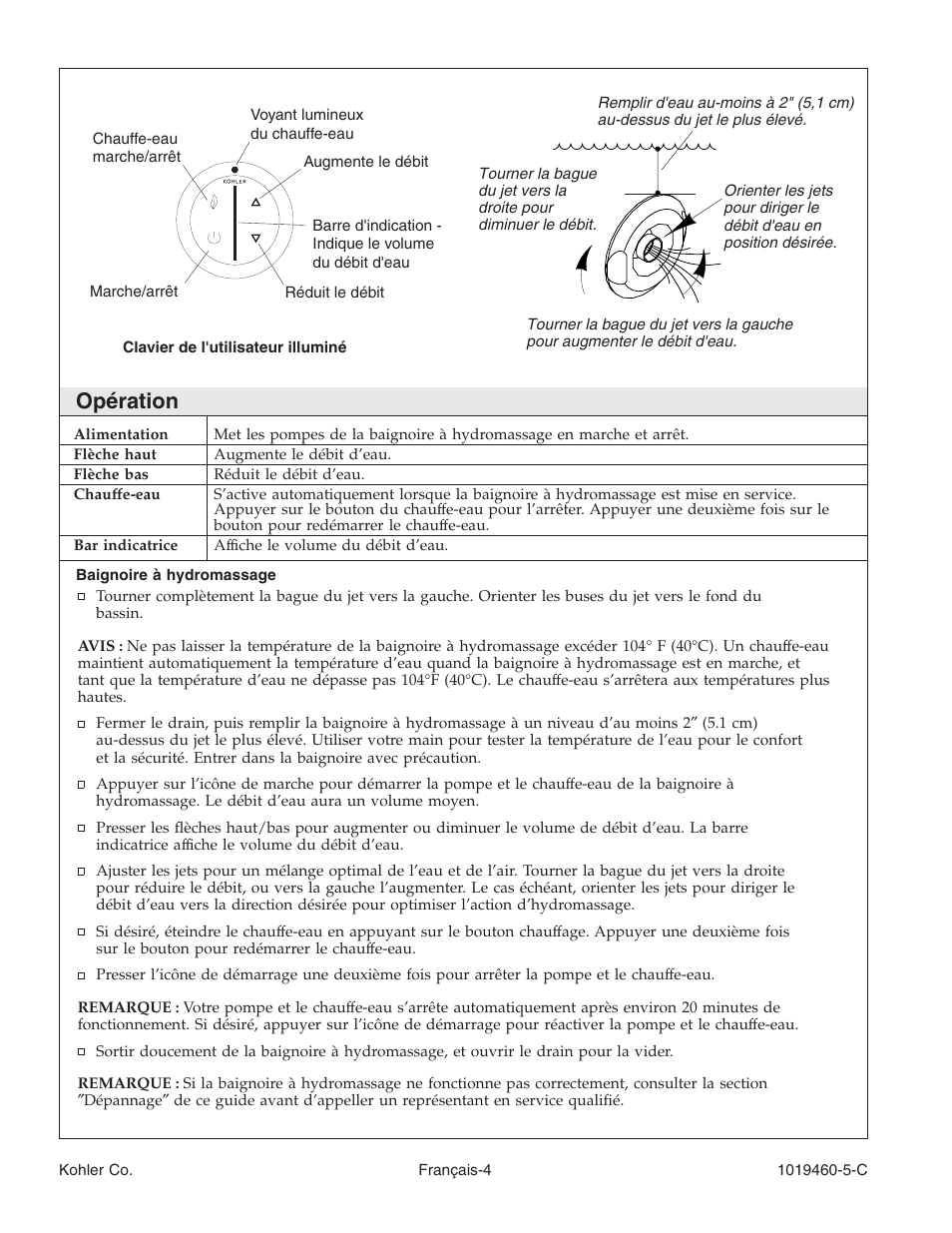 Opération | Kohler Bath Whirlpool K-812-H2 User Manual | Page 19 / 48