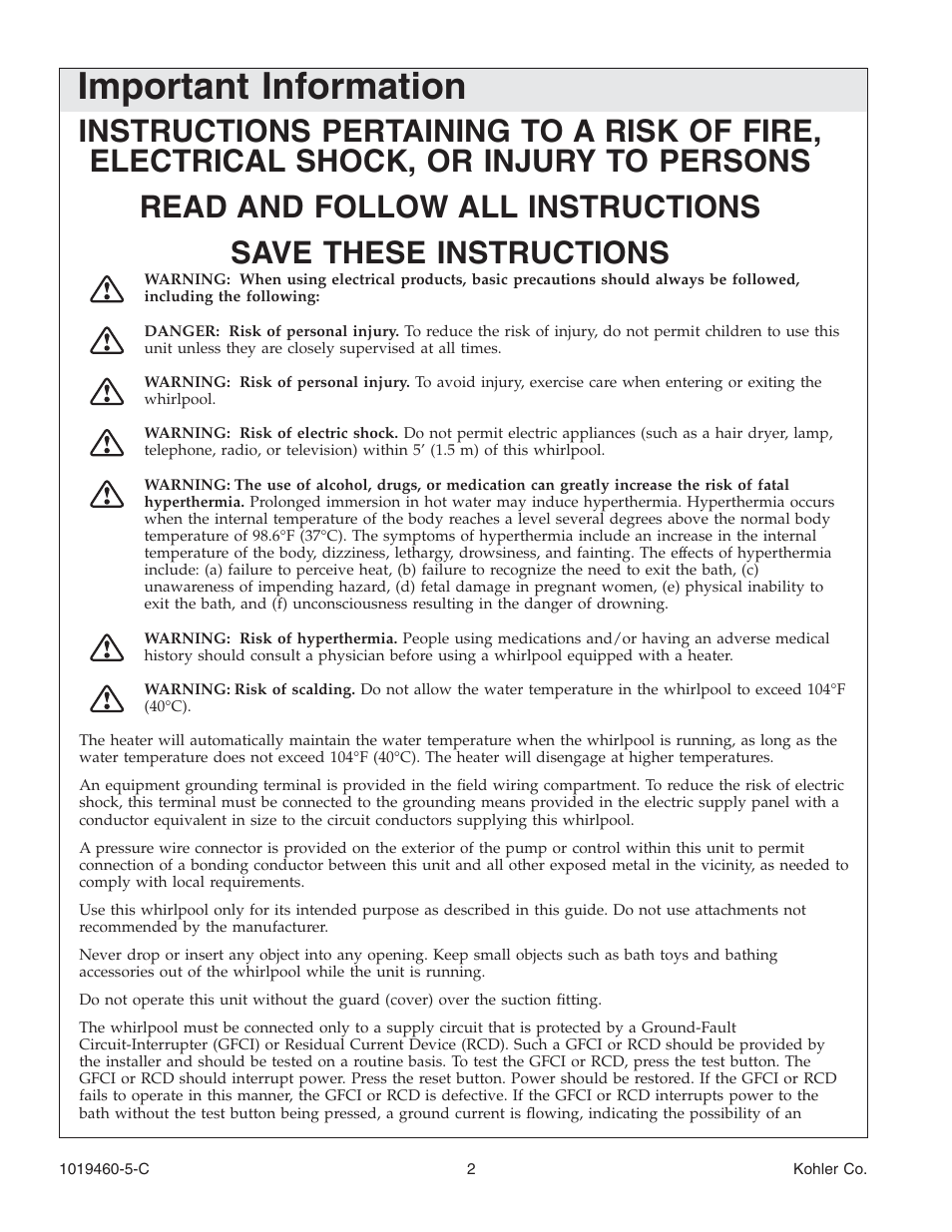 Important information | Kohler Bath Whirlpool K-812-H2 User Manual | Page 2 / 48