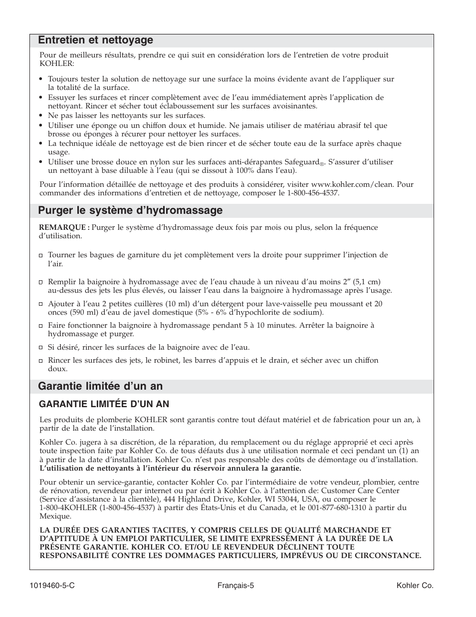 Entretien et nettoyage, Purger le système d’hydromassage, Garantie limitée d’un an | Kohler Bath Whirlpool K-812-H2 User Manual | Page 20 / 48