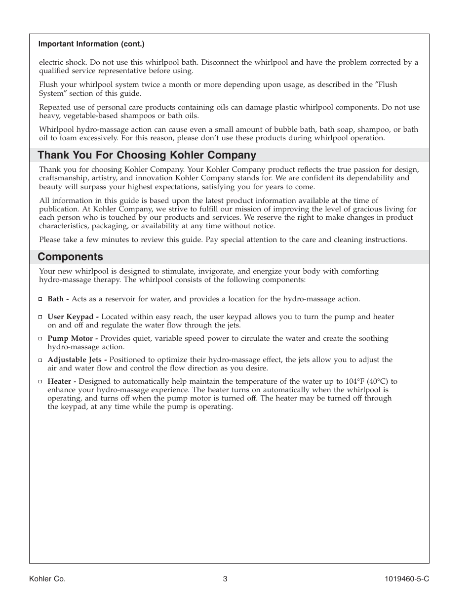 Components | Kohler Bath Whirlpool K-812-H2 User Manual | Page 3 / 48