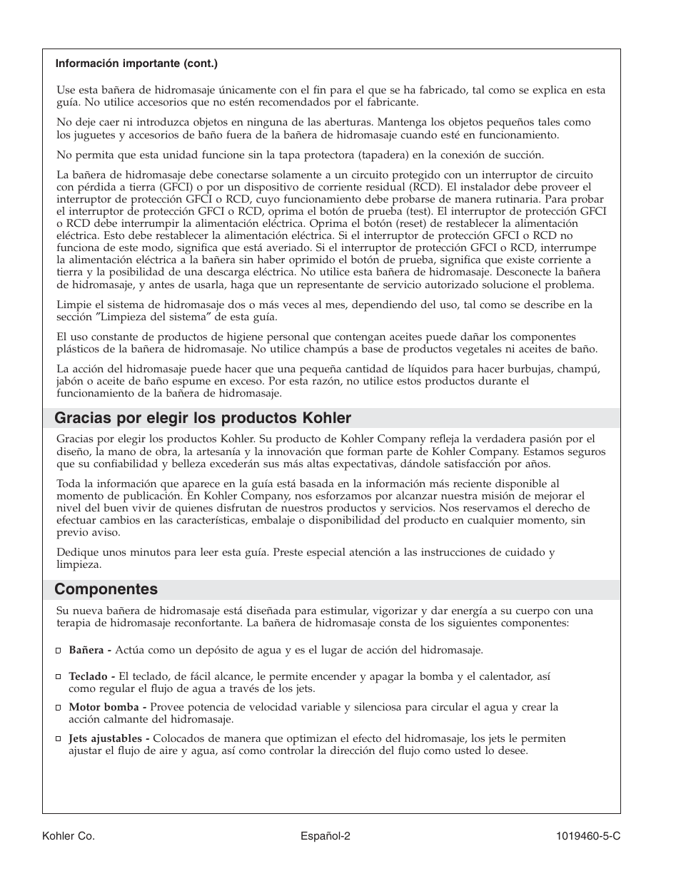 Gracias por elegir los productos kohler, Componentes | Kohler Bath Whirlpool K-812-H2 User Manual | Page 31 / 48