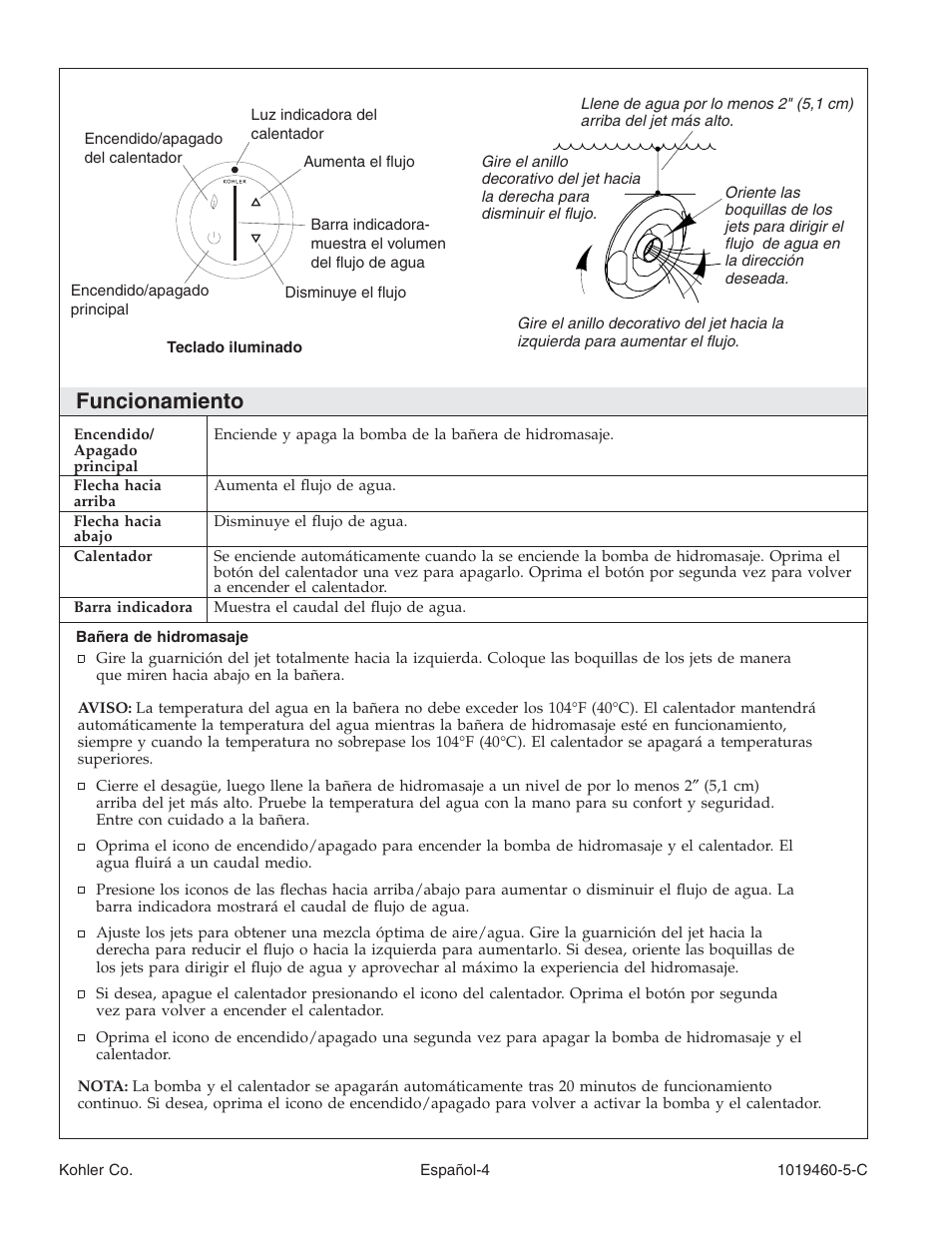 Funcionamiento | Kohler Bath Whirlpool K-812-H2 User Manual | Page 33 / 48