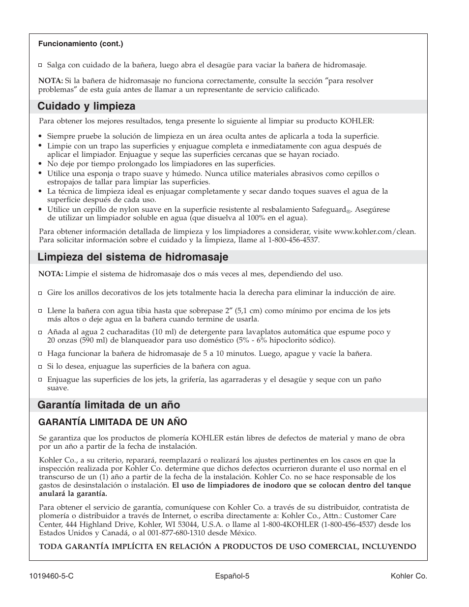 Cuidado y limpieza, Limpieza del sistema de hidromasaje, Garantía limitada de un año | Kohler Bath Whirlpool K-812-H2 User Manual | Page 34 / 48