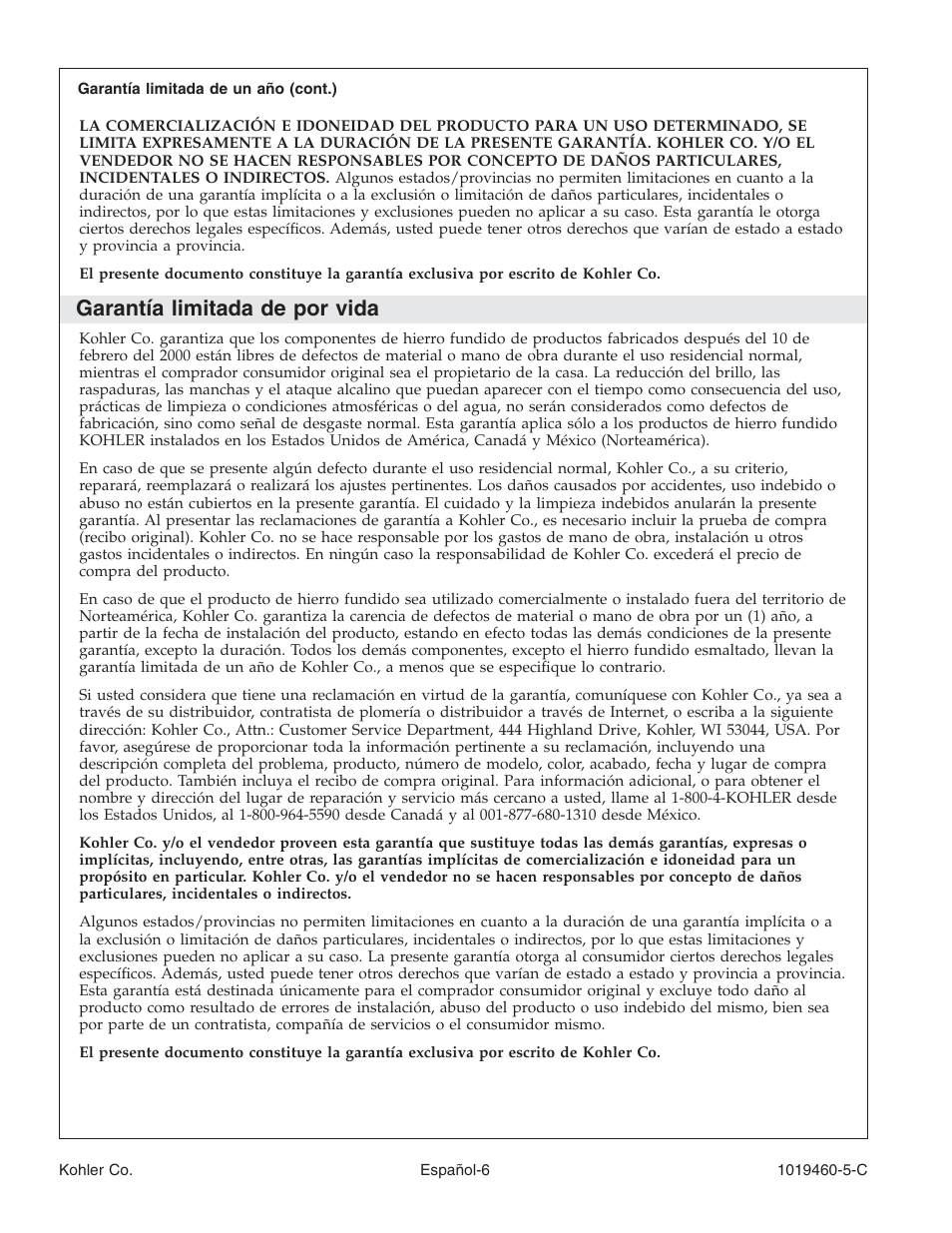 Garantía limitada de por vida | Kohler Bath Whirlpool K-812-H2 User Manual | Page 35 / 48