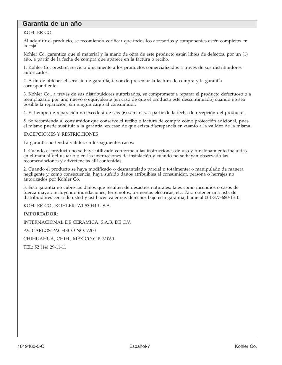 Garantía de un año | Kohler Bath Whirlpool K-812-H2 User Manual | Page 36 / 48