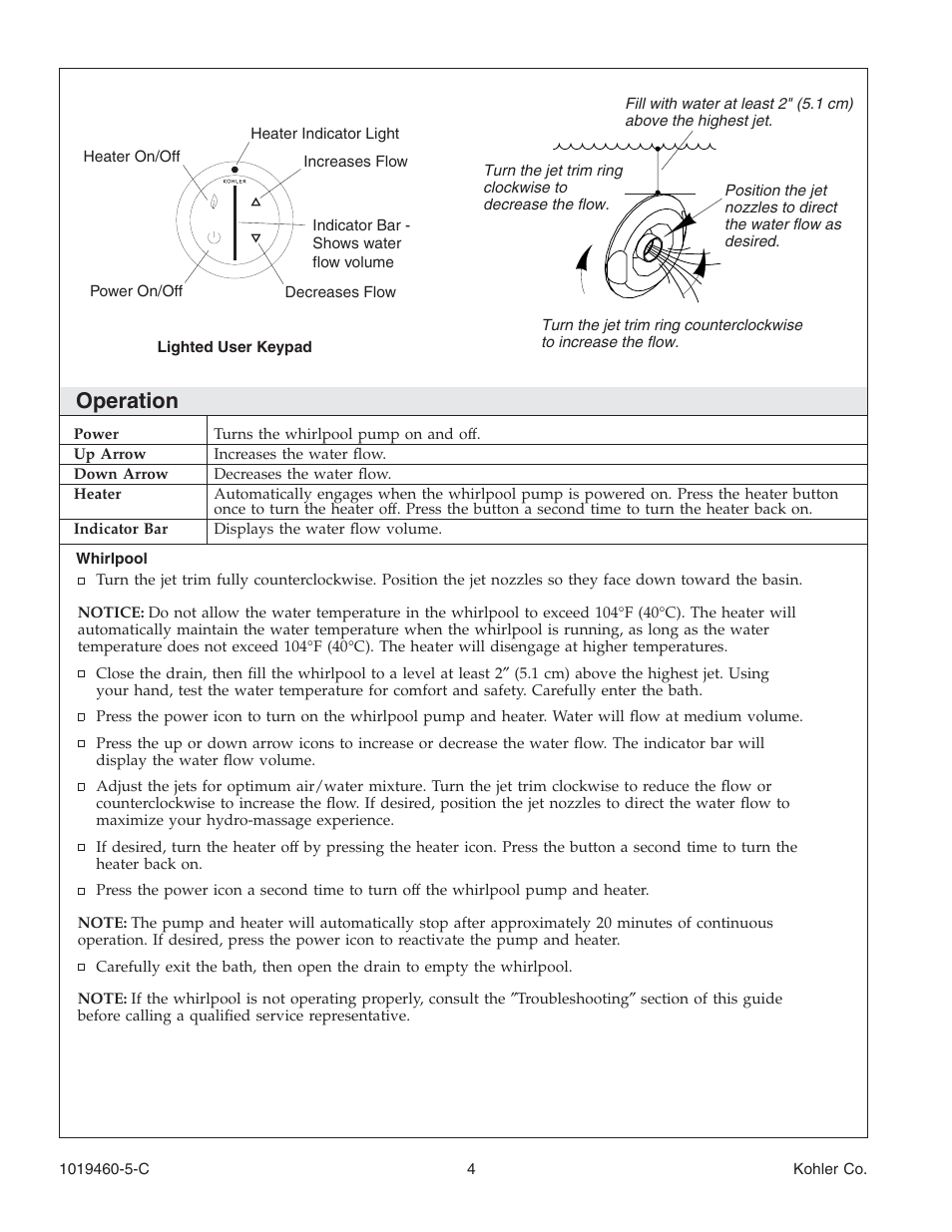 Operation | Kohler Bath Whirlpool K-812-H2 User Manual | Page 4 / 48