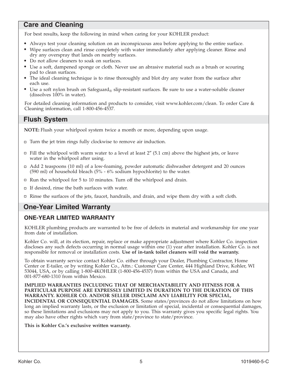 Care and cleaning, Flush system, One-year limited warranty | Kohler Bath Whirlpool K-812-H2 User Manual | Page 5 / 48