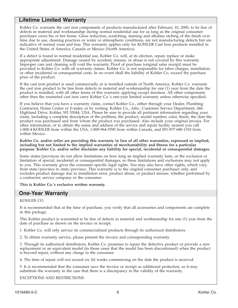 Lifetime limited warranty, One-year warranty | Kohler Bath Whirlpool K-812-H2 User Manual | Page 6 / 48