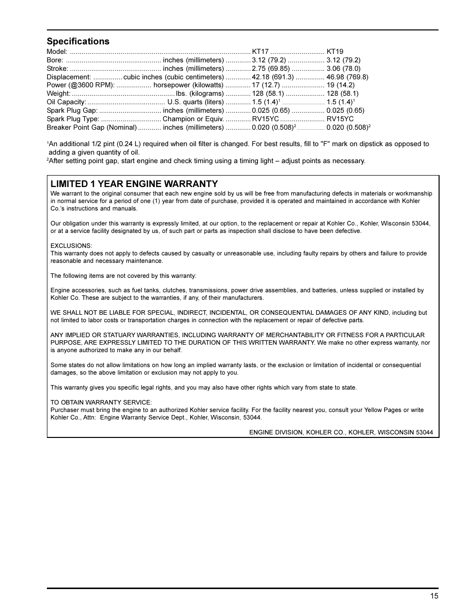 Specifications, Limited 1 year engine warranty | Kohler KT19 User Manual | Page 15 / 17