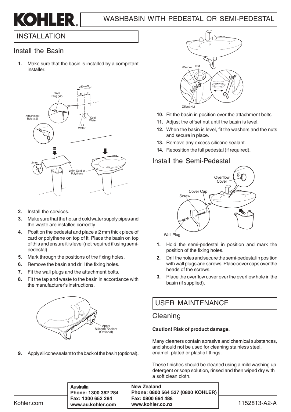 Kohler Washbasin With Pedestal or Semi-Pedestal 1152813-A2-A User Manual | 1 page