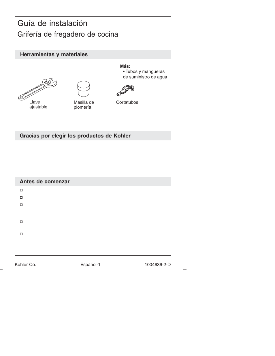 Guía de instalación, Grifería de fregadero de cocina | Kohler K-16111 User Manual | Page 16 / 24