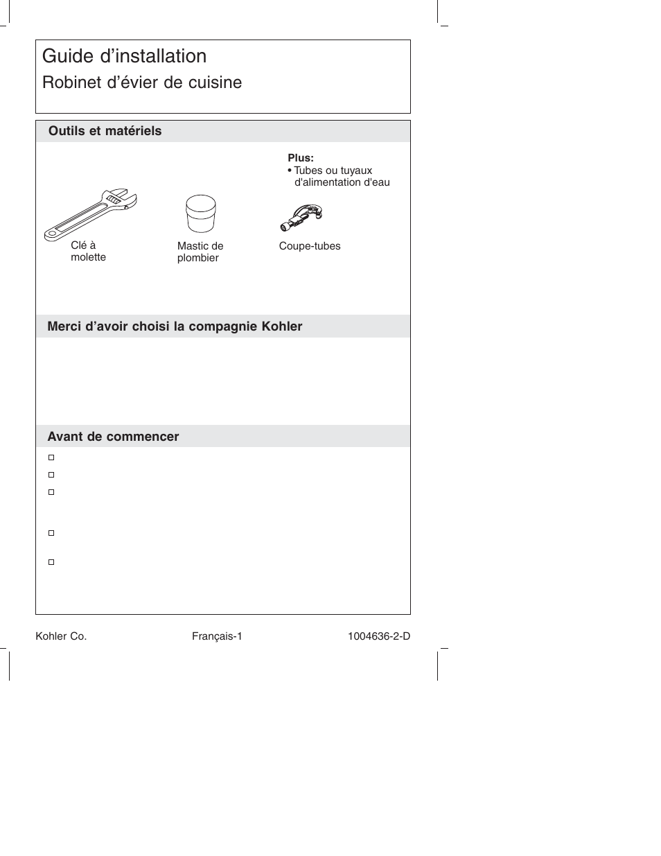 Guide d’installation, Robinet d’évier de cuisine | Kohler K-16111 User Manual | Page 8 / 24