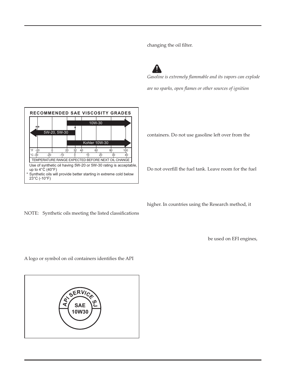 Oil recommendations, Fuel recommendations, Sae 10w30 a pi ser vice sj | Kohler Command Pro CV980 User Manual | Page 8 / 138