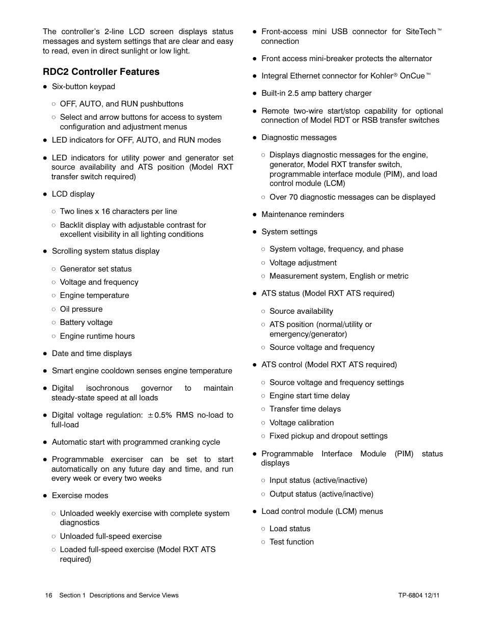 Rdc2 controller features | Kohler Power Systems 14/20RESA User Manual | Page 16 / 72