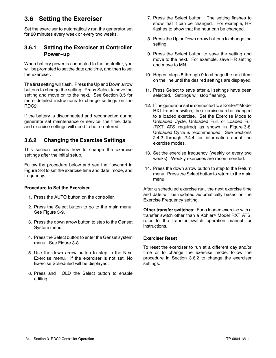 6 setting the exerciser | Kohler Power Systems 14/20RESA User Manual | Page 34 / 72