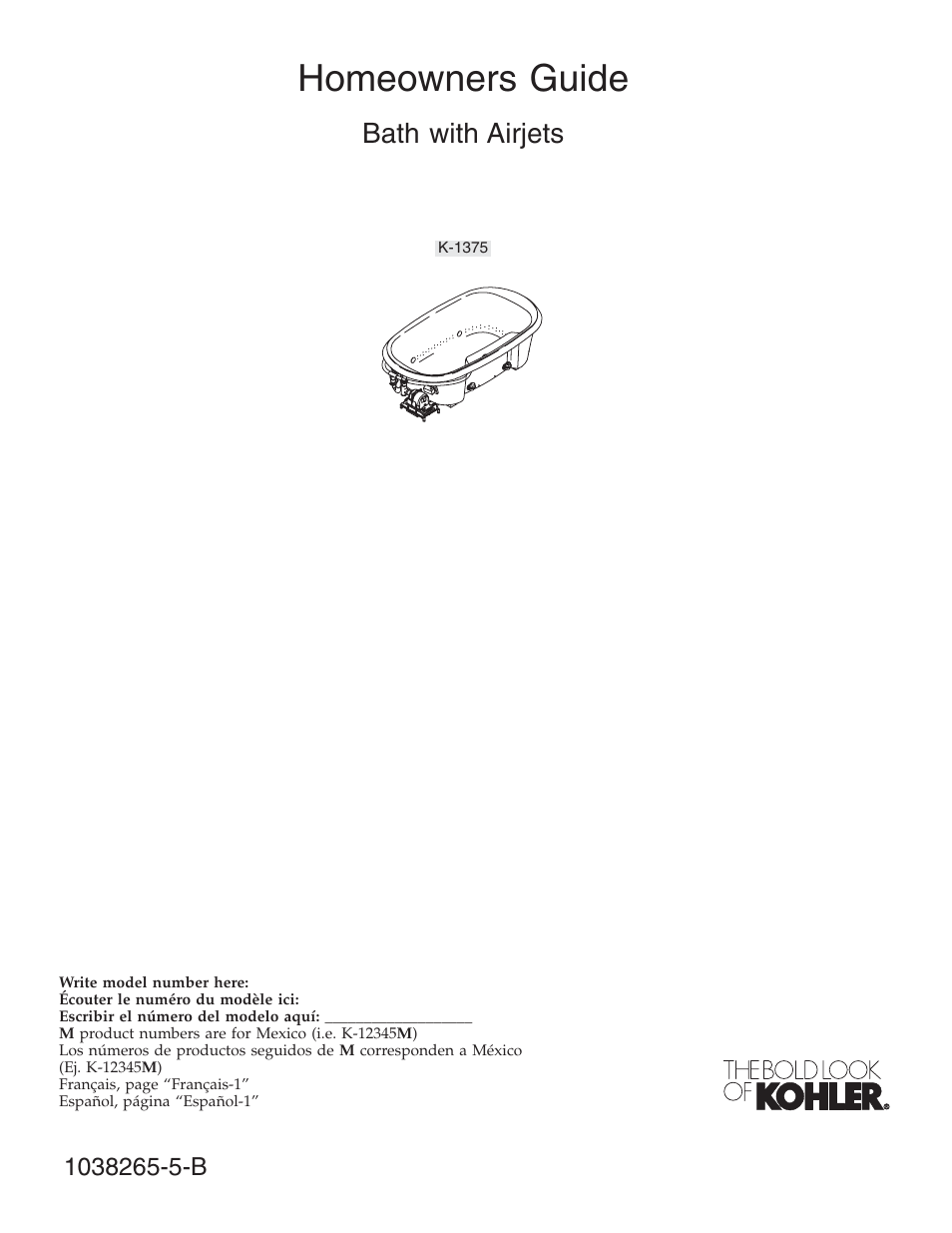 Kohler Bath With Airjets K-1375 User Manual | 48 pages