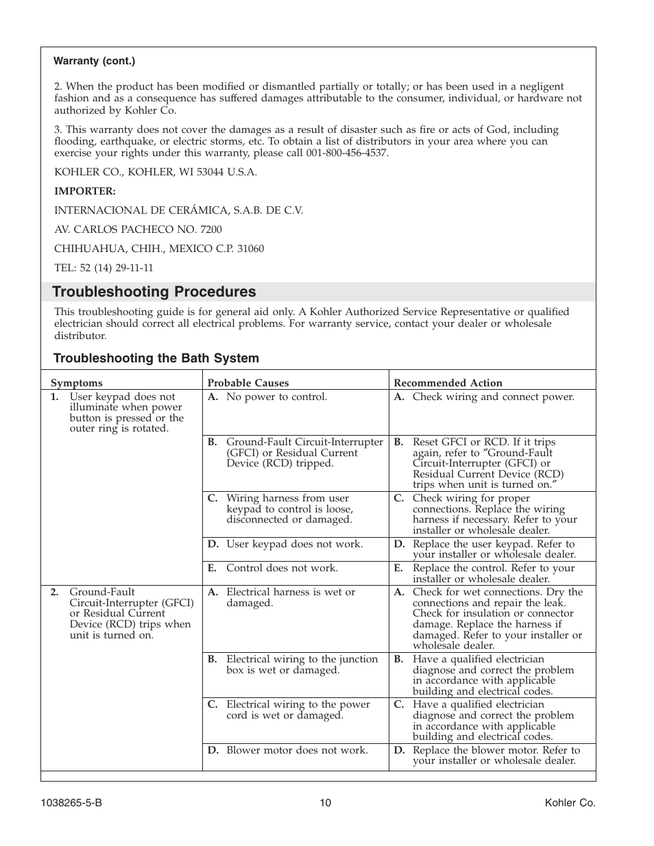 Troubleshooting procedures | Kohler Bath With Airjets K-1375 User Manual | Page 10 / 48