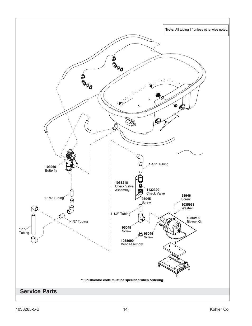 Service parts | Kohler Bath With Airjets K-1375 User Manual | Page 14 / 48
