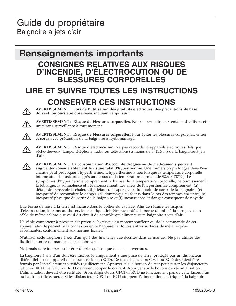 Guide du propriétaire, Renseignements importants, Baignoire à jets d’air | Kohler Bath With Airjets K-1375 User Manual | Page 17 / 48