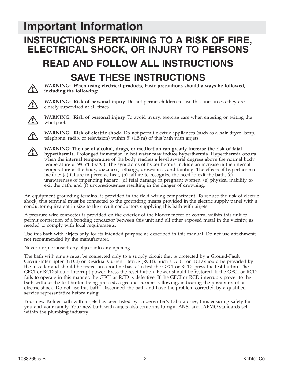 Important information | Kohler Bath With Airjets K-1375 User Manual | Page 2 / 48