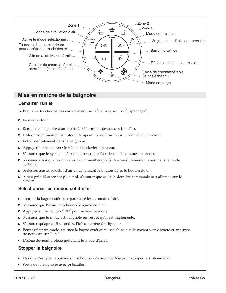 Mise en marche de la baignoire | Kohler Bath With Airjets K-1375 User Manual | Page 22 / 48