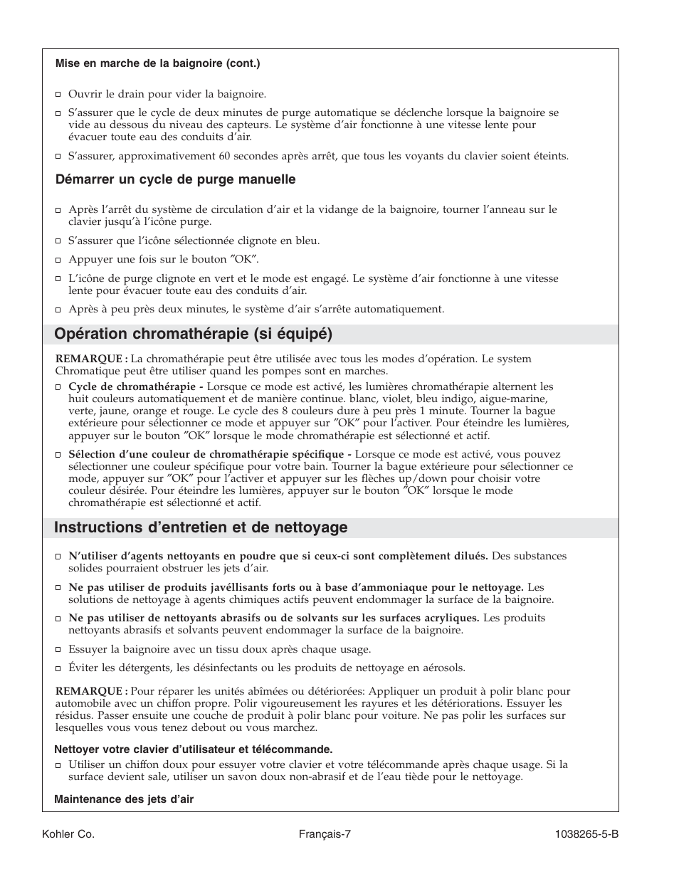 Opération chromathérapie (si équipé), Instructions d’entretien et de nettoyage | Kohler Bath With Airjets K-1375 User Manual | Page 23 / 48