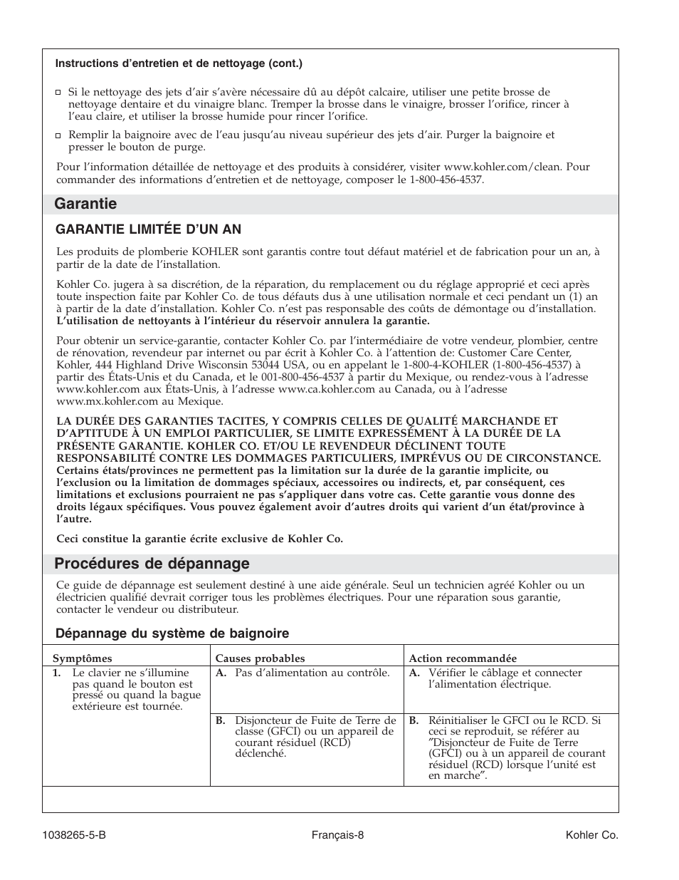 Garantie, Procédures de dépannage | Kohler Bath With Airjets K-1375 User Manual | Page 24 / 48
