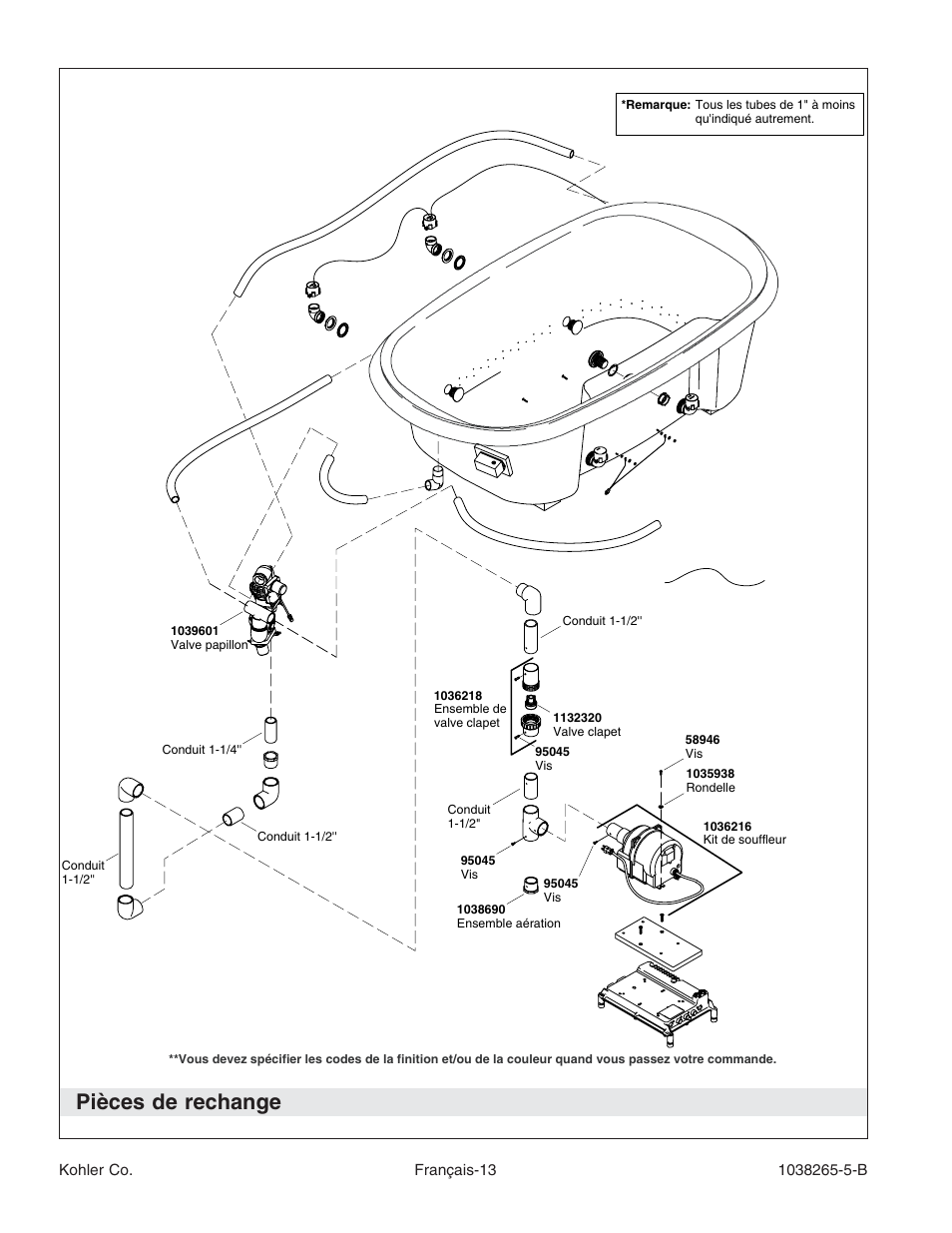 Pièces de rechange | Kohler Bath With Airjets K-1375 User Manual | Page 29 / 48