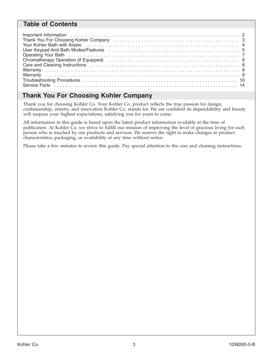 Kohler Bath With Airjets K-1375 User Manual | Page 3 / 48