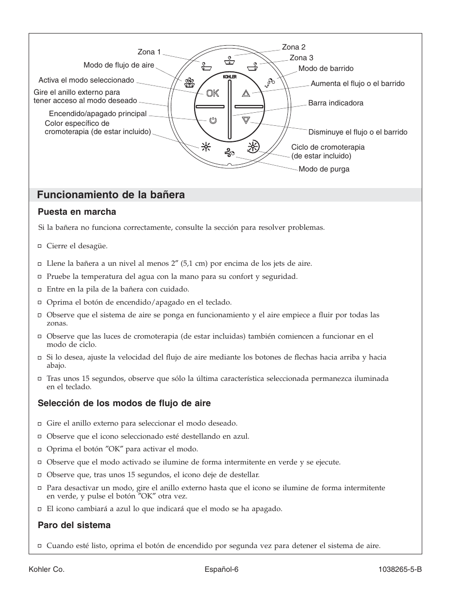 Funcionamiento de la bañera | Kohler Bath With Airjets K-1375 User Manual | Page 37 / 48