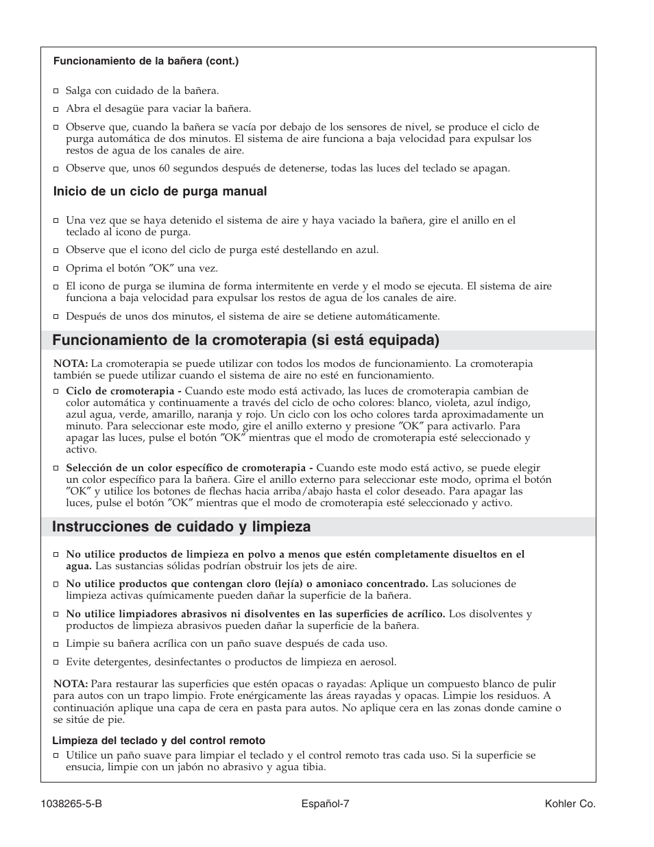 Instrucciones de cuidado y limpieza | Kohler Bath With Airjets K-1375 User Manual | Page 38 / 48