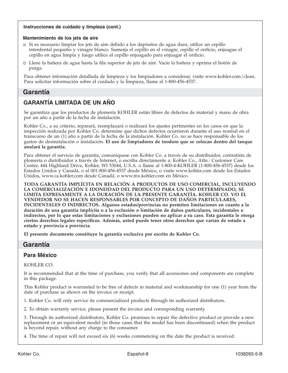 Garantía | Kohler Bath With Airjets K-1375 User Manual | Page 39 / 48