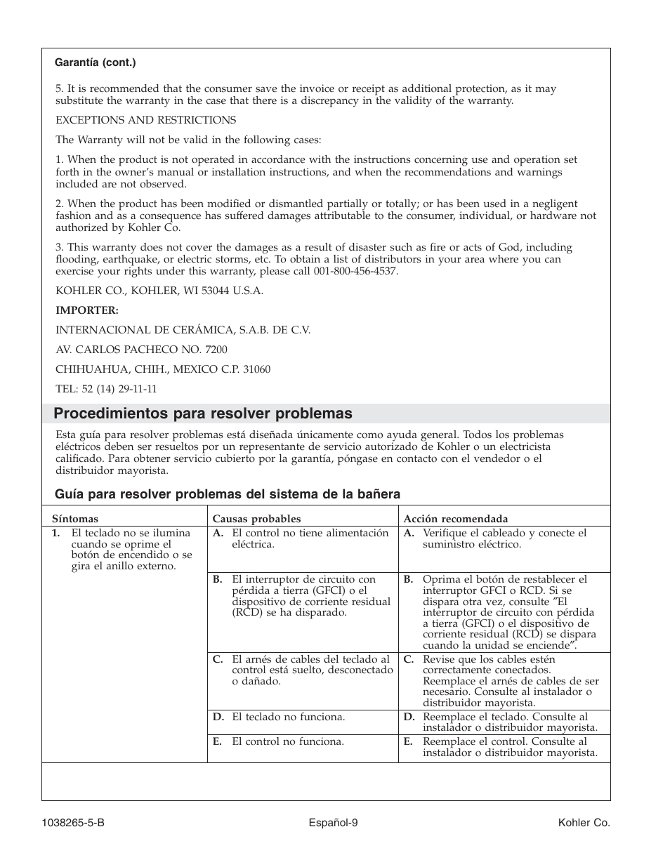 Procedimientos para resolver problemas | Kohler Bath With Airjets K-1375 User Manual | Page 40 / 48