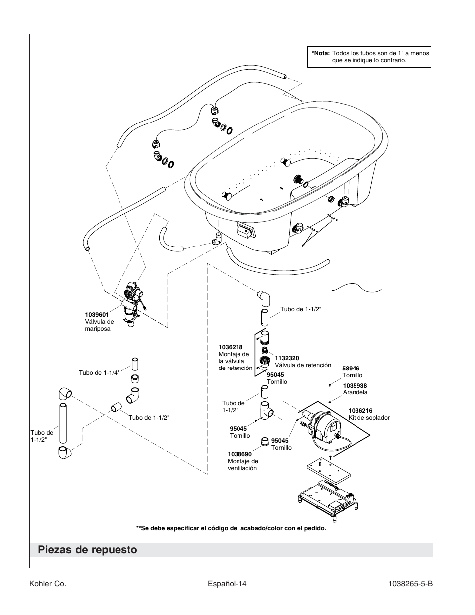 Piezas de repuesto | Kohler Bath With Airjets K-1375 User Manual | Page 45 / 48
