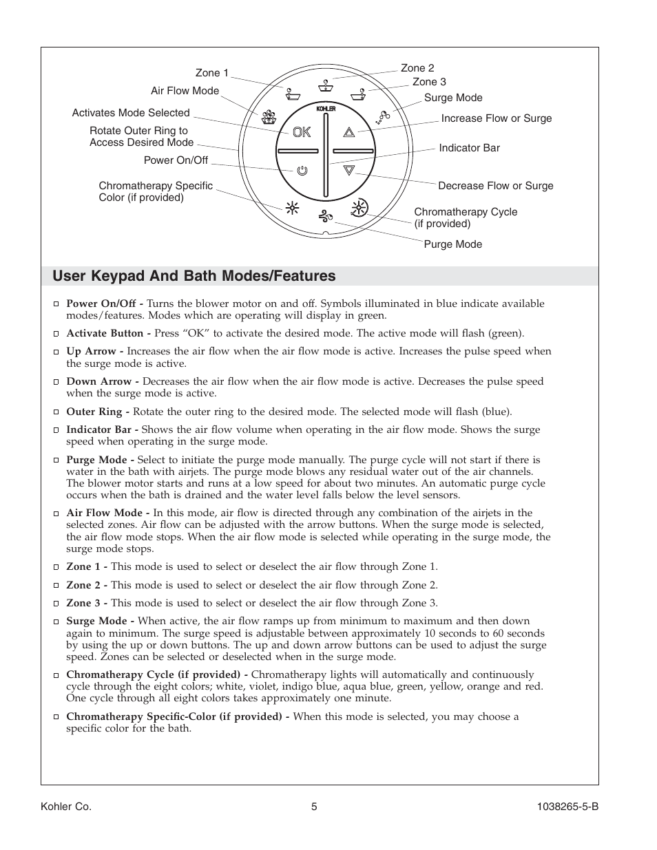 User keypad and bath modes/features | Kohler Bath With Airjets K-1375 User Manual | Page 5 / 48