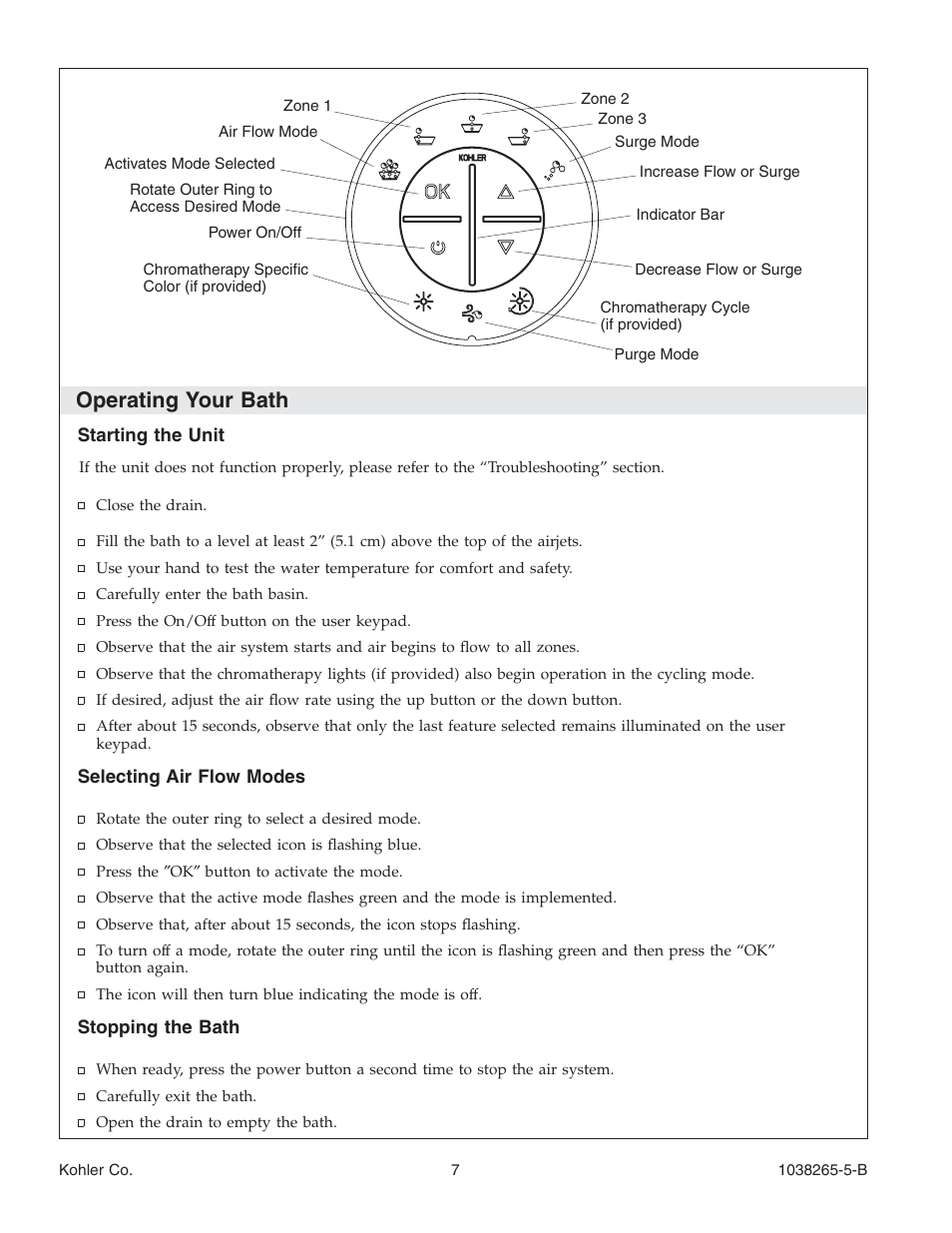 Operating your bath | Kohler Bath With Airjets K-1375 User Manual | Page 7 / 48