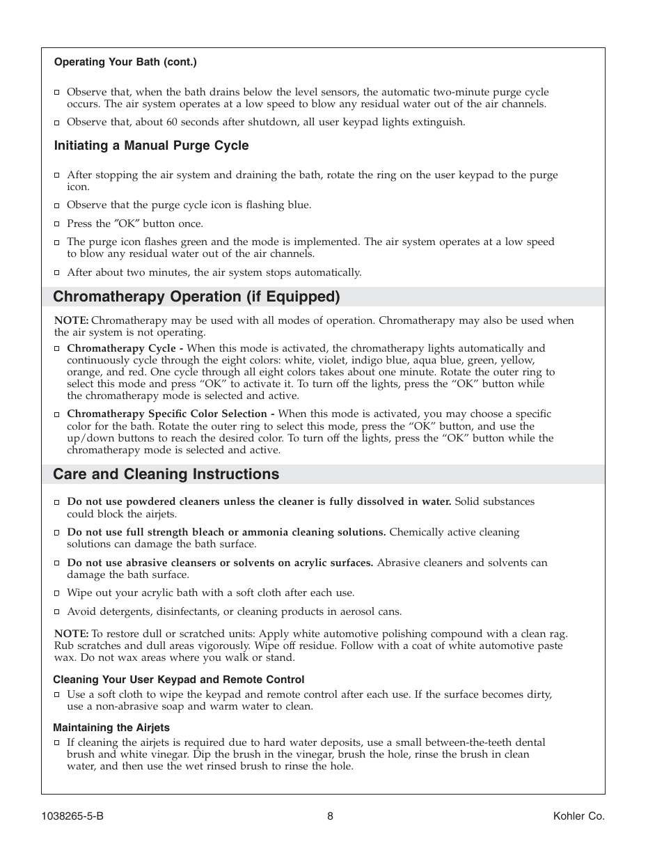 Chromatherapy operation (if equipped), Care and cleaning instructions | Kohler Bath With Airjets K-1375 User Manual | Page 8 / 48