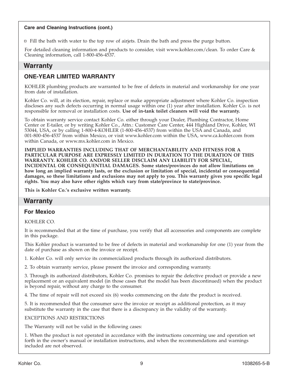 Warranty | Kohler Bath With Airjets K-1375 User Manual | Page 9 / 48
