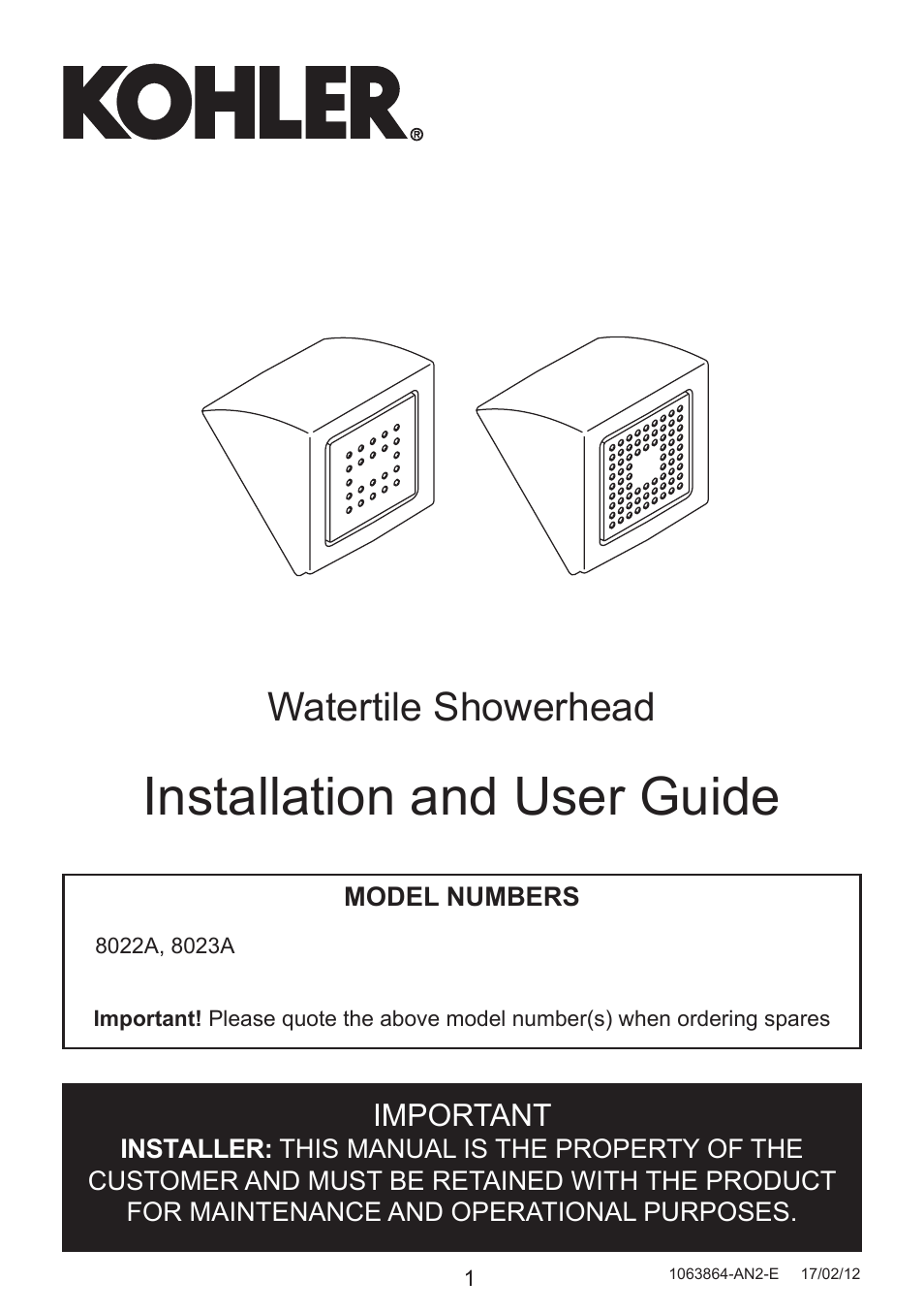 Kohler Waterlite showerhead 8023A User Manual | 7 pages