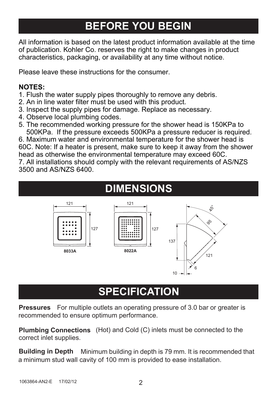 Specification, Dimensions, Before you begin | Kohler Waterlite showerhead 8023A User Manual | Page 2 / 7