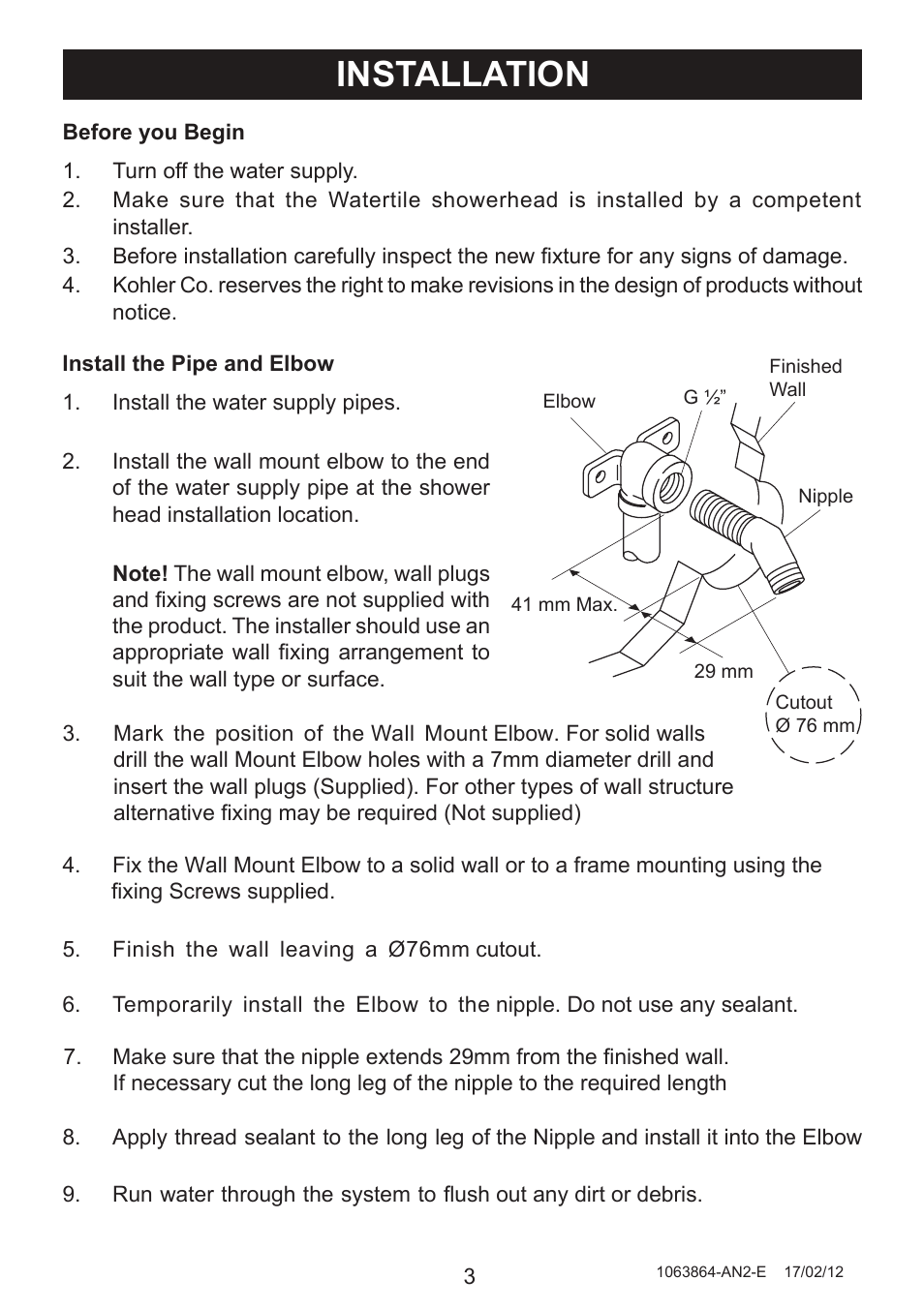 Ion installat | Kohler Waterlite showerhead 8023A User Manual | Page 3 / 7
