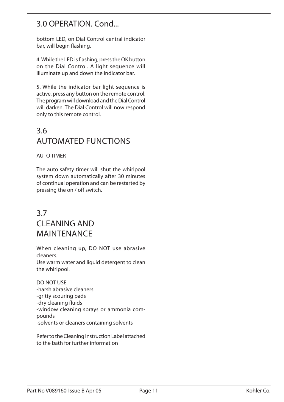 6 automated functions, 7 cleaning and maintenance, 0 operation. cond | Kohler Purist/Purist with Mood Lighting K-1110-CT-0 User Manual | Page 11 / 16
