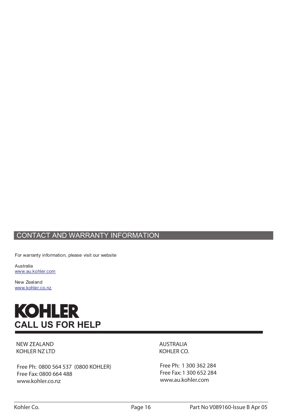 Call us for help, Contact and warranty information | Kohler Purist/Purist with Mood Lighting K-1110-CT-0 User Manual | Page 16 / 16