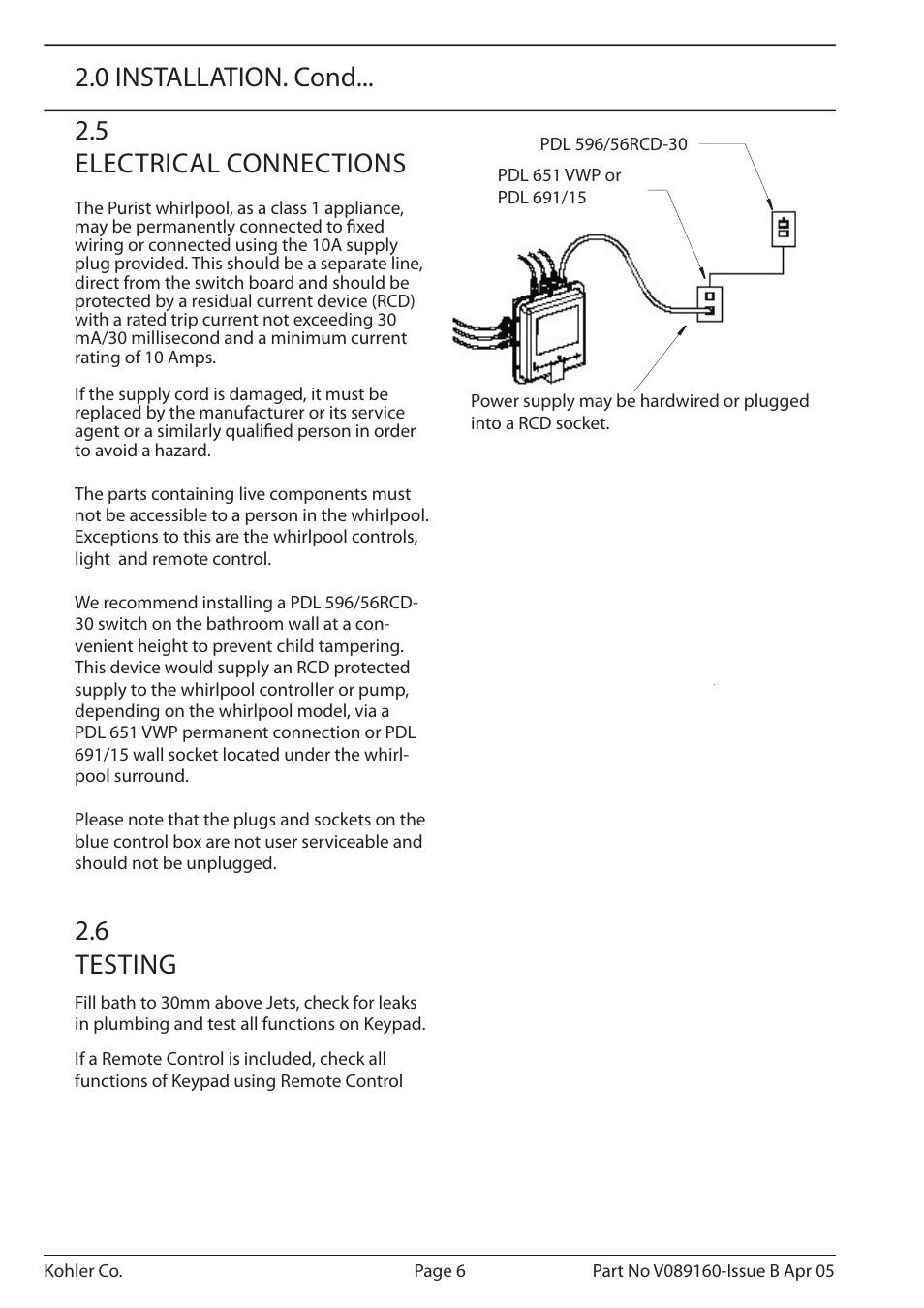 5 electrical connections, 6 testing, 0 installation. cond | Kohler Purist/Purist with Mood Lighting K-1110-CT-0 User Manual | Page 6 / 16