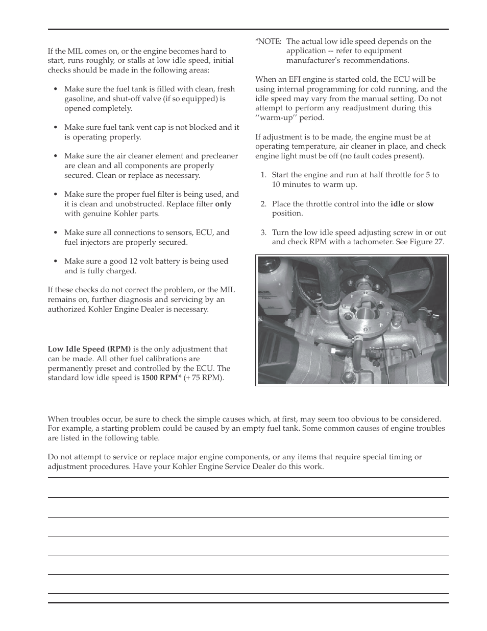 Adjustment – efi throttle body, Troubleshooting | Kohler Aegis LH640 User Manual | Page 17 / 20