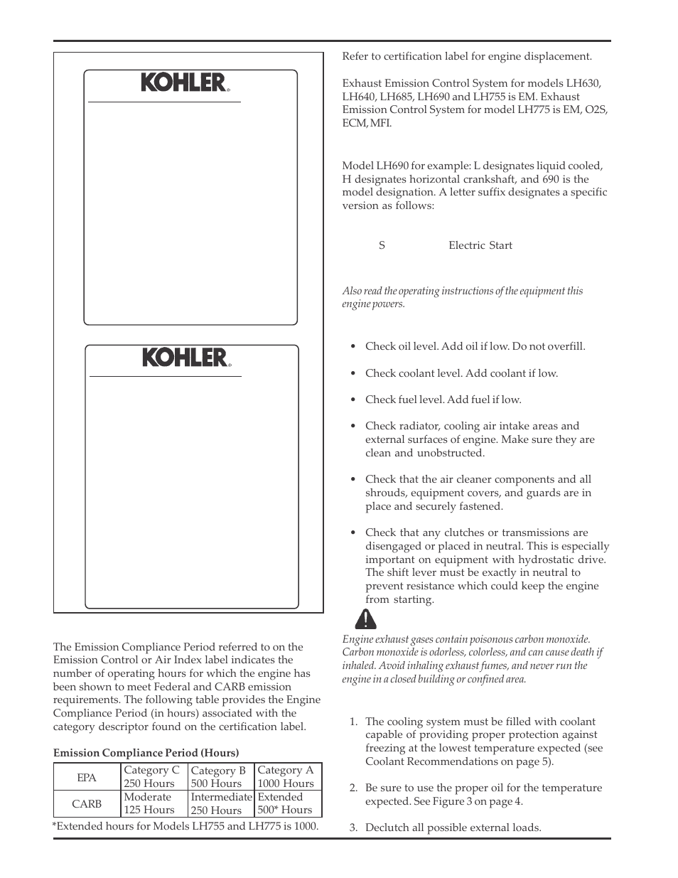 Operating instructions, Model designation, Pre-start checklist | Cold weather starting hints | Kohler Aegis LH640 User Manual | Page 6 / 20